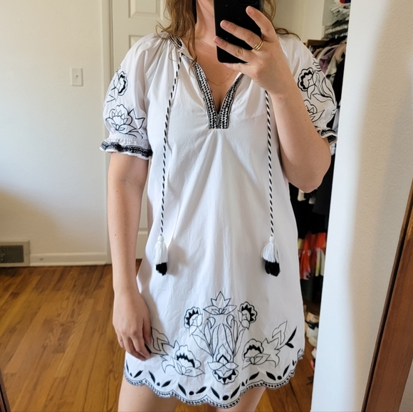 Parker Embroidered Black and White Puff Sleeve Cotton Mini Dress Small - Picture 13 of 13